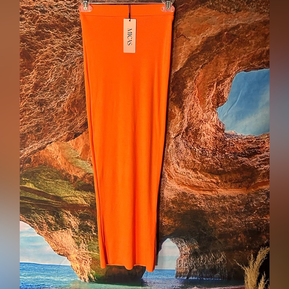 Pumpkin Orange form-fitted Ribbed Long Skirt by Micas